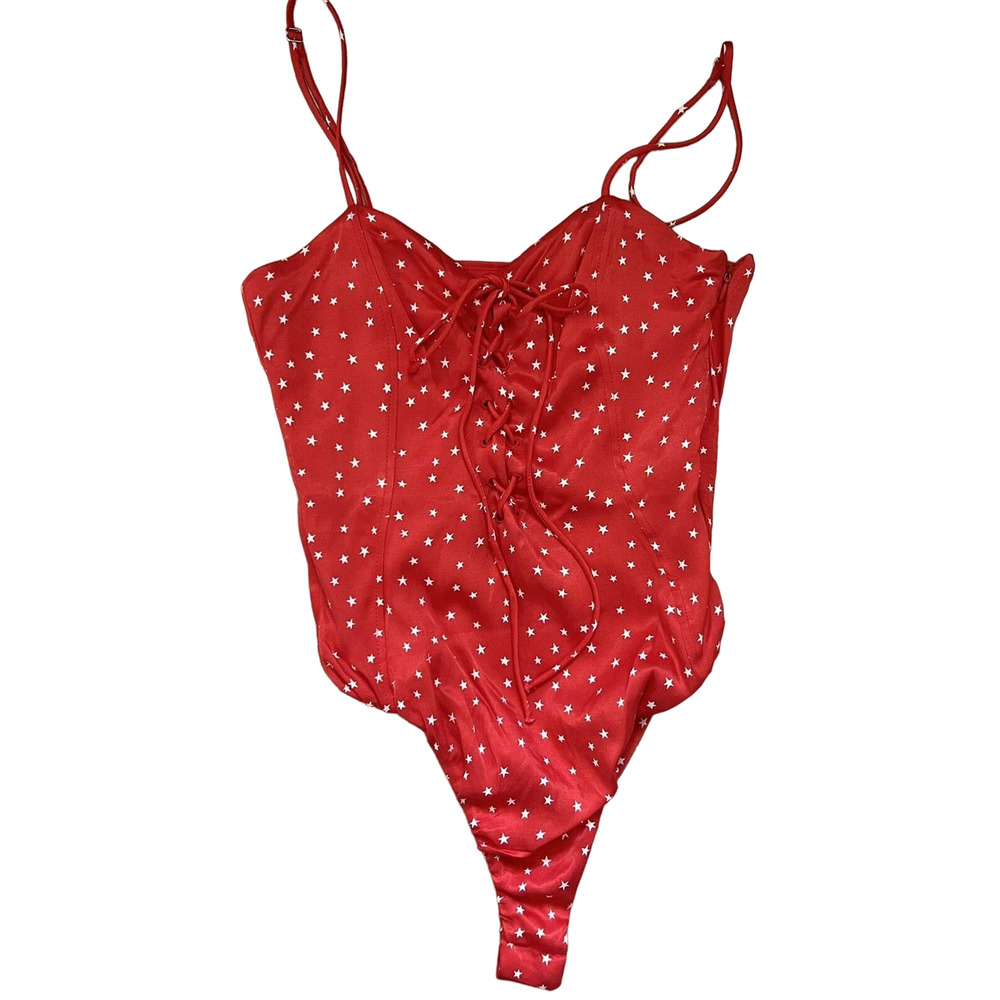 NWT Zara Women's Red Star Print Spaghetti Strap Front Tie Side Zip Bodysuit - S